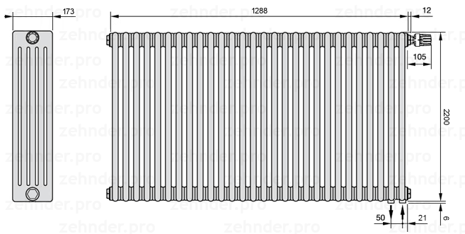 Схема (чертеж) Радиатор Zehnder Charleston 5220/28 №V002 Белый глянцевый RAL 9016